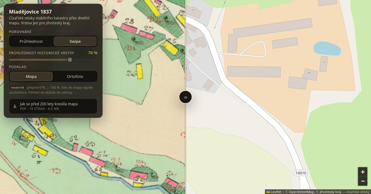Historická katastrální mapa Mladějovic a dnešní mapa rozdělené swipe dělítkem